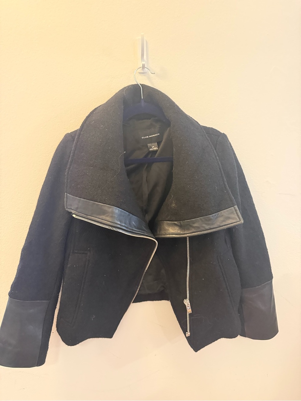 Club Monaco Black Wool-Blend Asymmetrical Zip Bomber Jacket